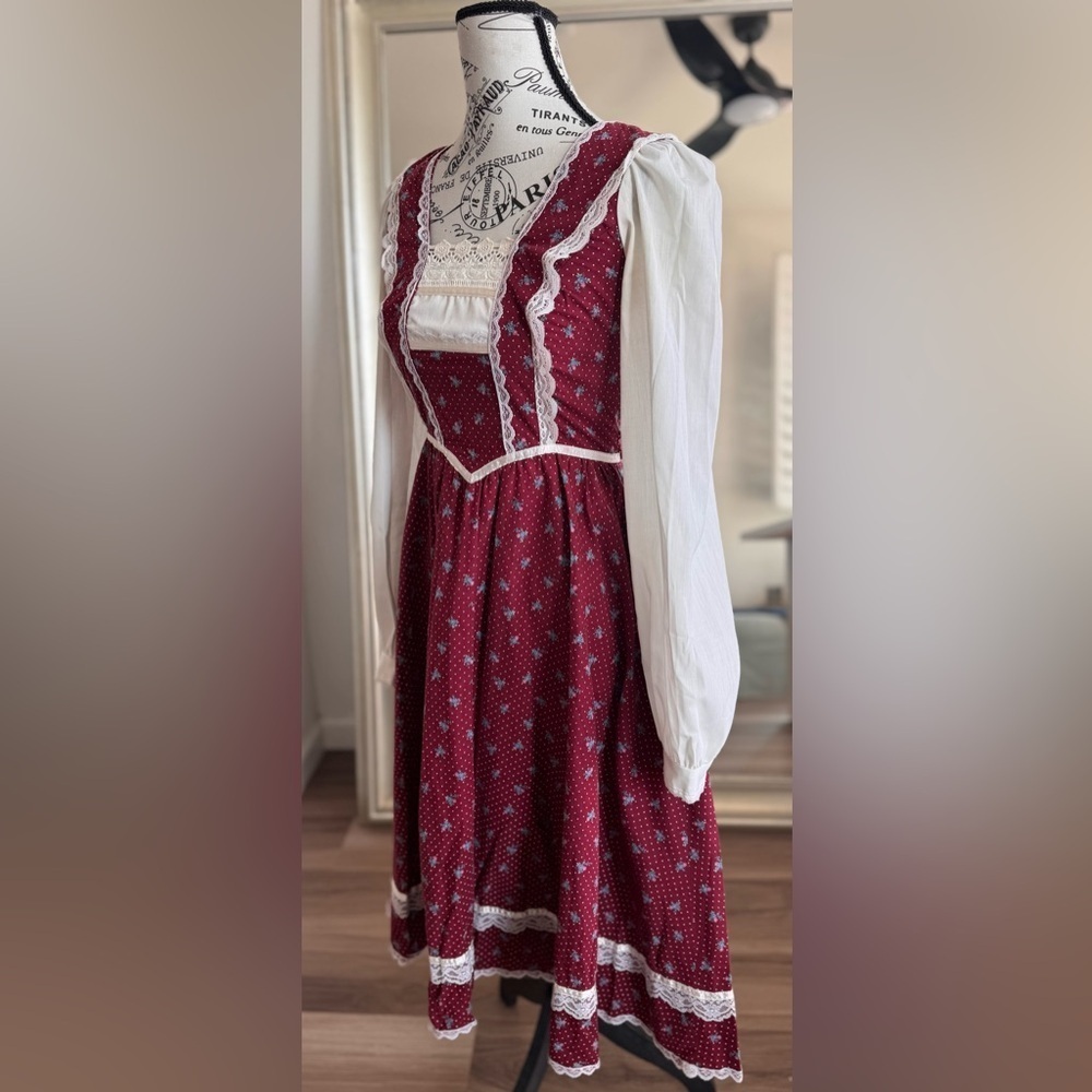 Vintage 70s 80s GUNNE SAX Red Floral Maxi Peasant Prairie Cottage Core Dress - Picture 7 of 15